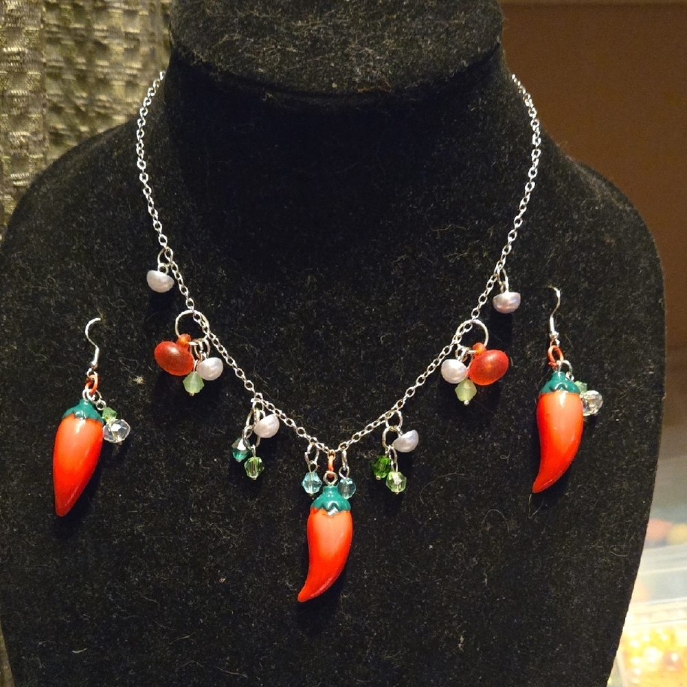 Hand Crafted Modern And Vintage Chili Pepper Necklace Set